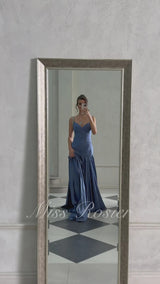 Angelína Blue Diagonal Pleated Gathered Maxi Gown