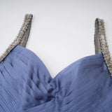 Angelína Blue Diagonal Pleated Gathered Maxi Gown