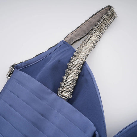 Leslie Blue Diagonal Pleated Gathered Maxi Gown
