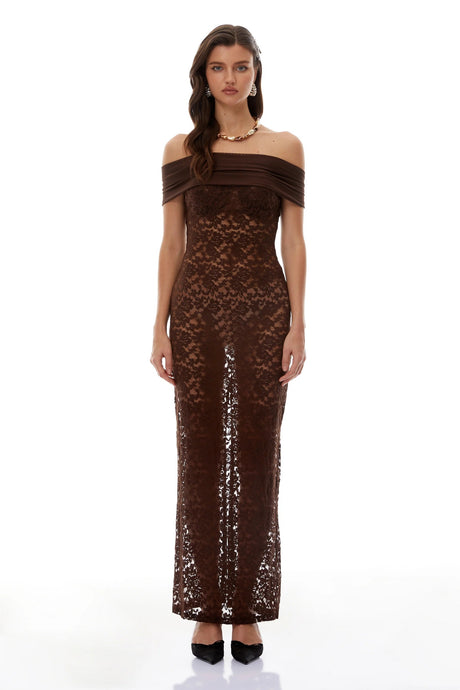 Rosalba Maxi Dress Brown Off Shoulder Floral Lace