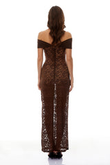 Angelina Brown Off Shoulder Floral Lace Maxi Dress