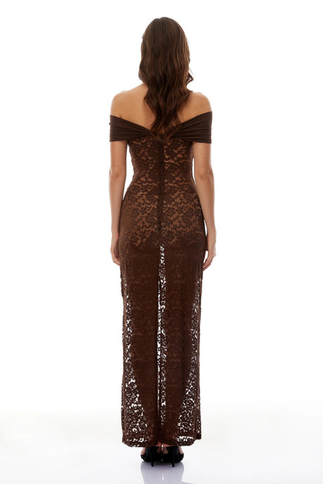 Rosalba Maxi Dress Brown Off Shoulder Floral Lace