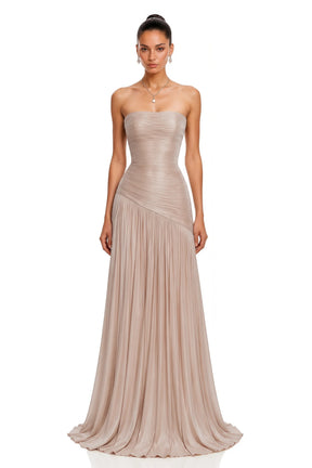 Angelina Champagne Brown Off Shoulder Pleated Maxi Dress