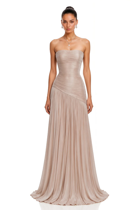Amalia Maxi Dress Champagne Brown Off Shoulder Pleated