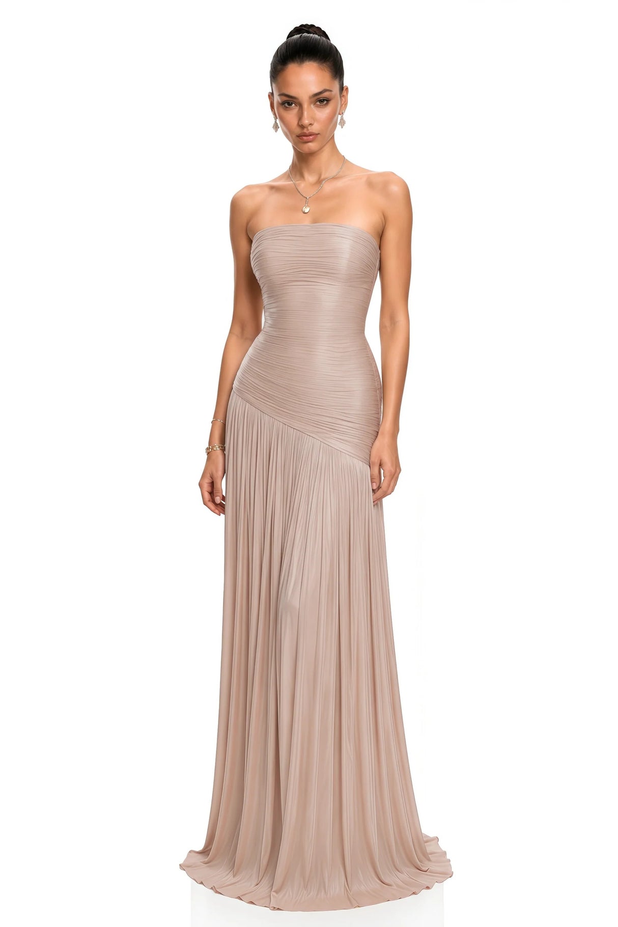 Angelina Champagne Brown Off Shoulder Pleated Maxi Dress