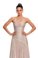 Angelina Champagne Brown Off Shoulder Pleated Maxi Dress