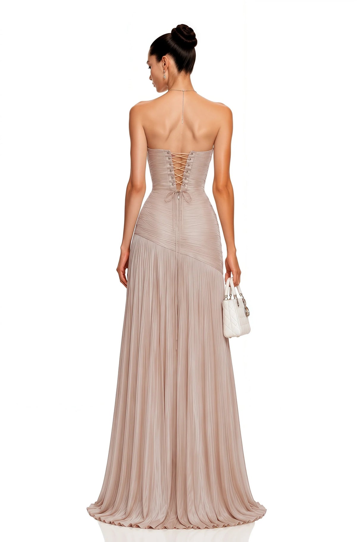 Angelina Champagne Brown Off Shoulder Pleated Maxi Dress