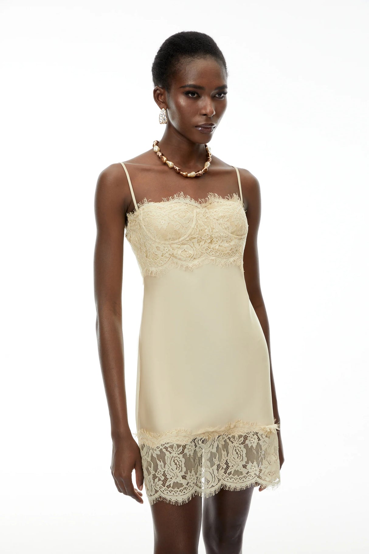 Anjelica Champagne Satin Mini Dress with Lace Panels