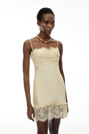 Anjelica Champagne Satin Mini Dress with Lace Panels