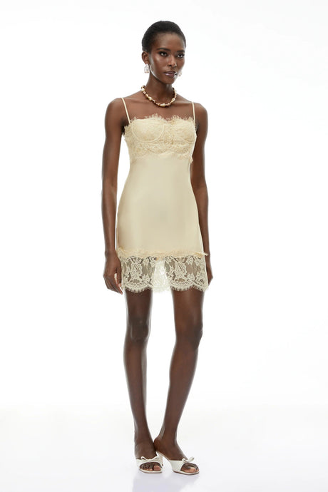 Anjelica Champagne Satin Mini Dress with Lace Panels