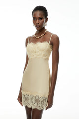 Anjelica Champagne Satin Mini Dress with Lace Panels