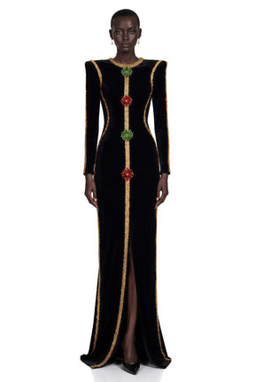 Anna Black Crystal Embellished Front Slit Maxi Dress