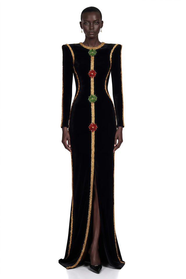 Anna Black Crystal Embellished Front Slit Maxi Dress