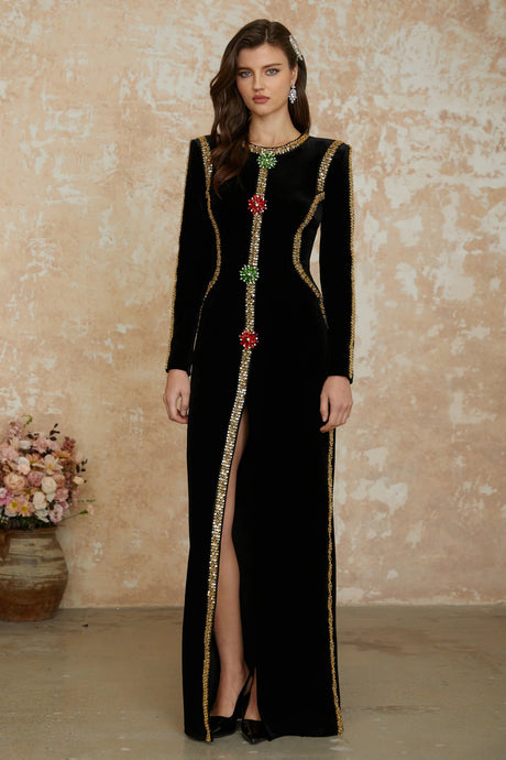 Riley Maxi Dress Black Crystal Embellished Front Slit