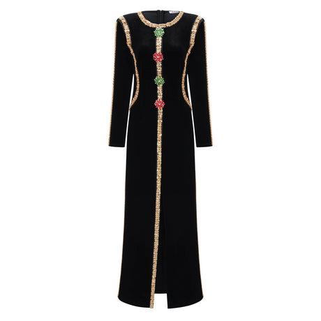 Riley Maxi Dress Black Crystal Embellished Front Slit