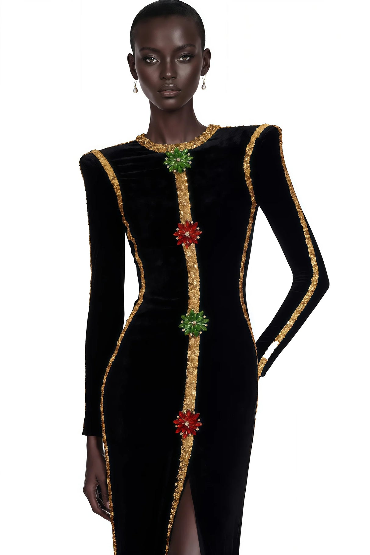Anna Black Crystal Embellished Front Slit Maxi Dress