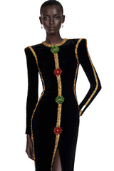 Anna Black Crystal Embellished Front Slit Maxi Dress