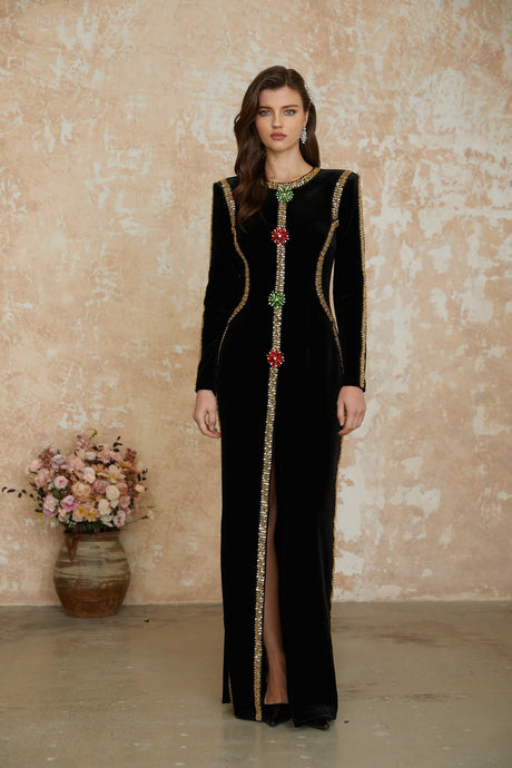 Riley Maxi Dress Black Crystal Embellished Front Slit