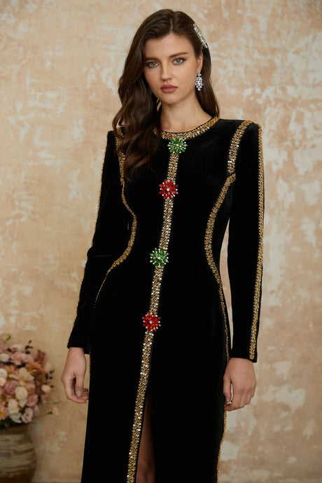 Riley Maxi Dress Black Crystal Embellished Front Slit
