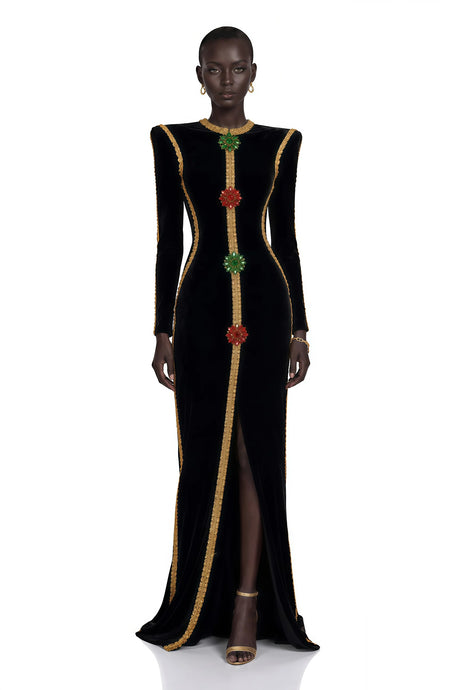 Giulia Maxi Dress Black Crystal Embellished Front Slit
