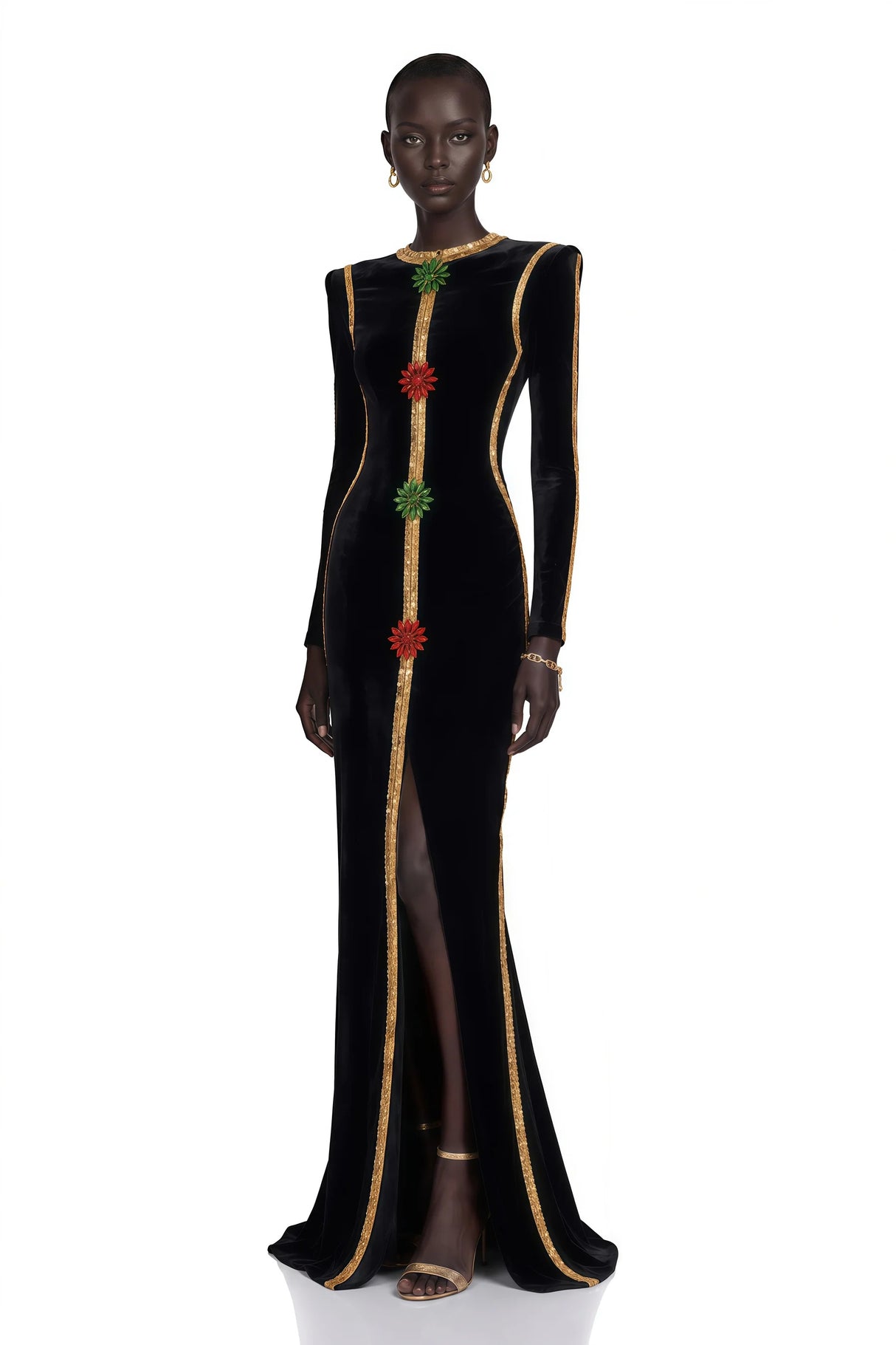 Anna Black Crystal Embellished Front Slit Maxi Dress