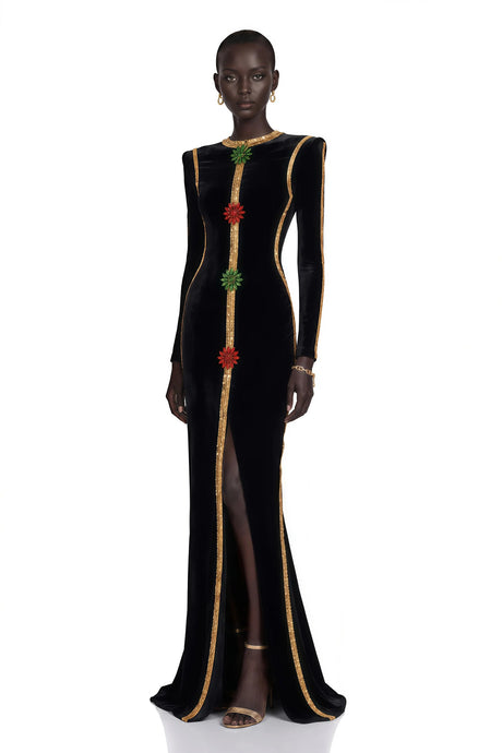 Giulia Maxi Dress Black Crystal Embellished Front Slit