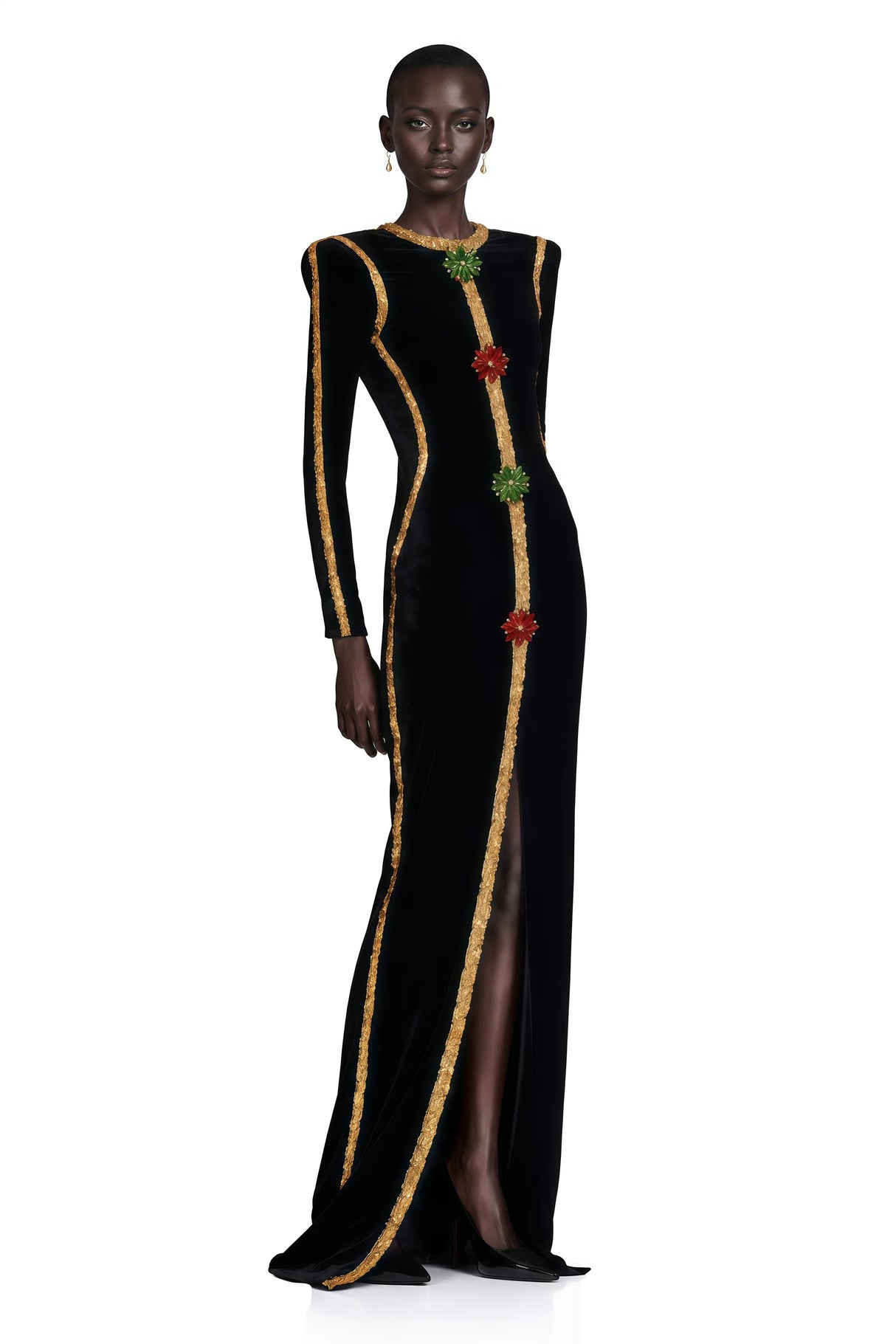 Anna Black Crystal Embellished Front Slit Maxi Dress
