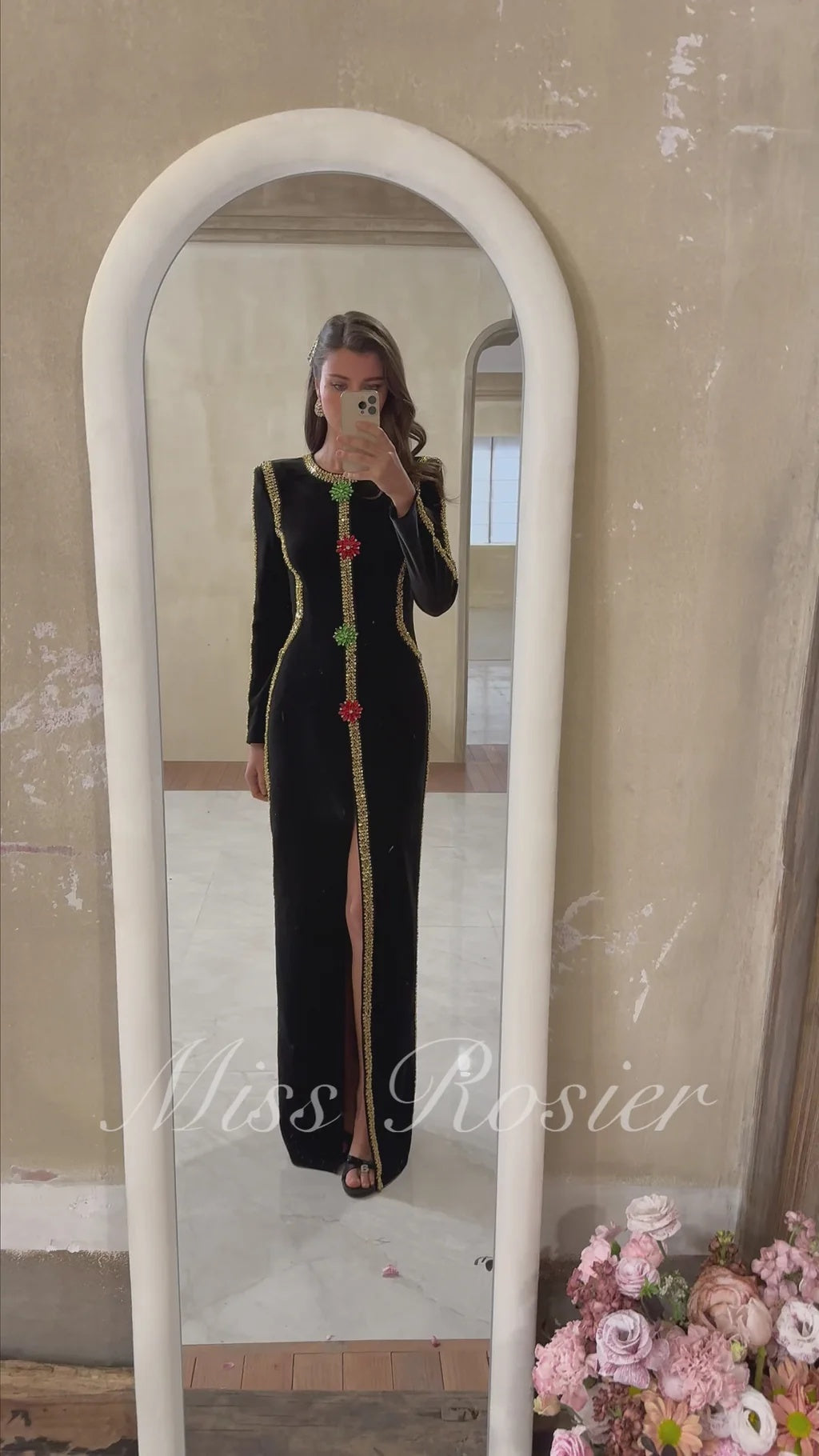 Anna Black Crystal Embellished Front Slit Maxi Dress