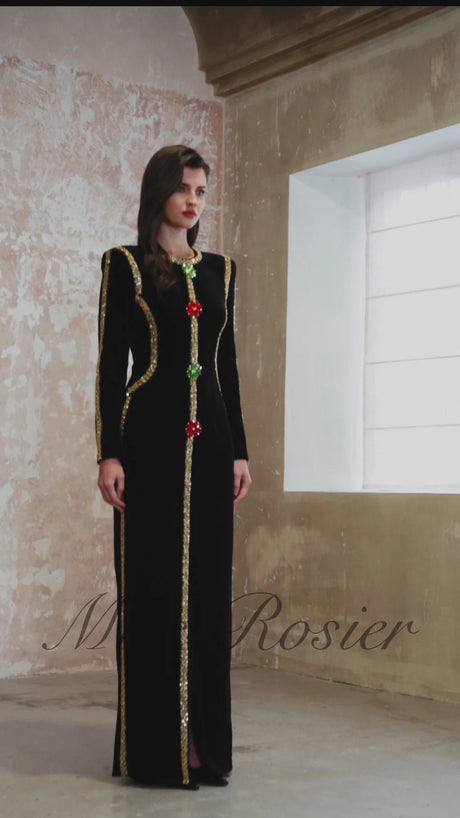 Riley Maxi Dress Black Crystal Embellished Front Slit