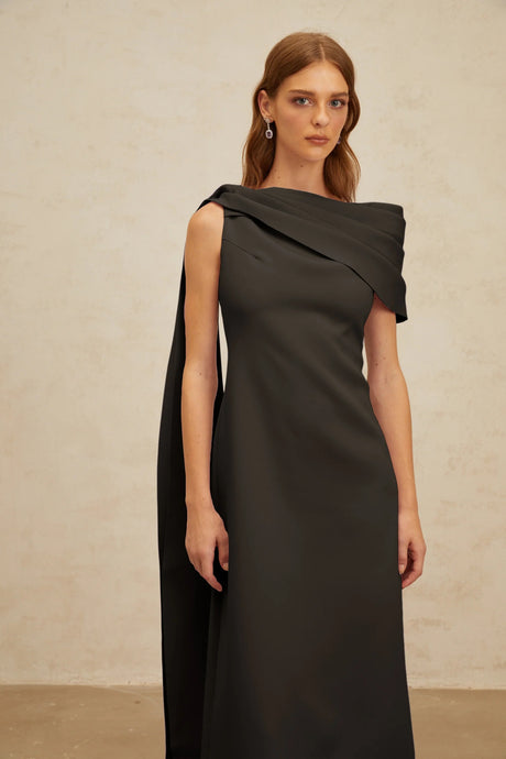 Annabelle Black CapeDesign Ribbon Maxi Dress