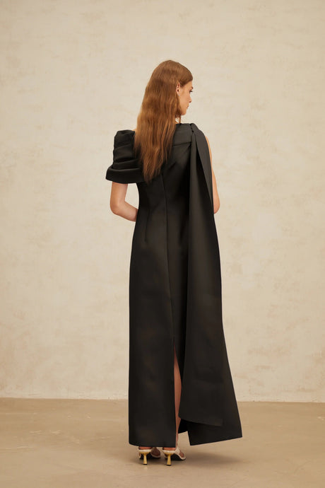 Annabelle Black CapeDesign Ribbon Maxi Dress