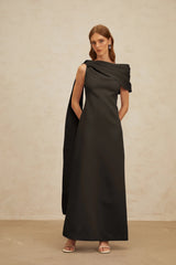 Annabelle Black CapeDesign Ribbon Maxi Dress