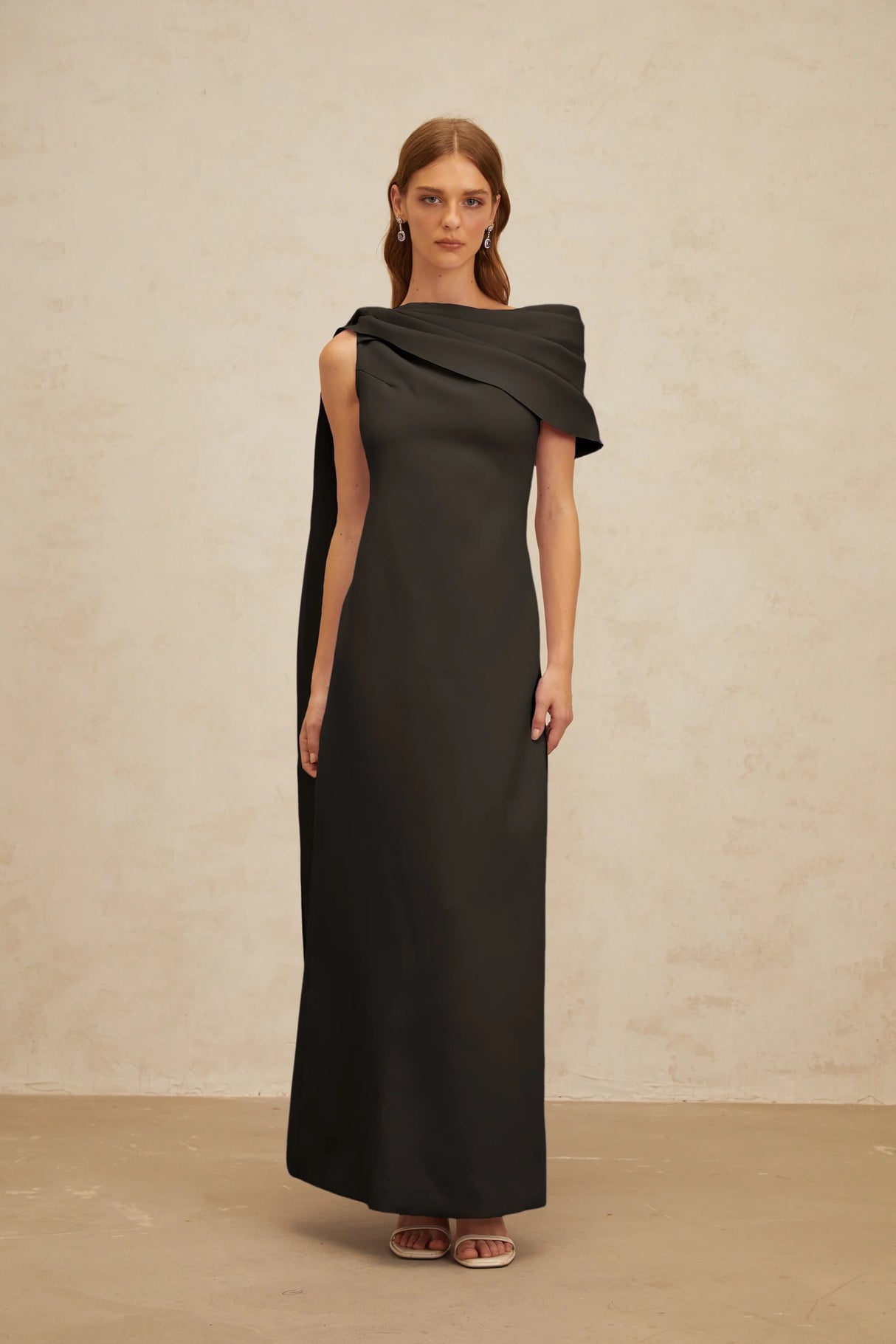 Annabelle Black CapeDesign Ribbon Maxi Dress