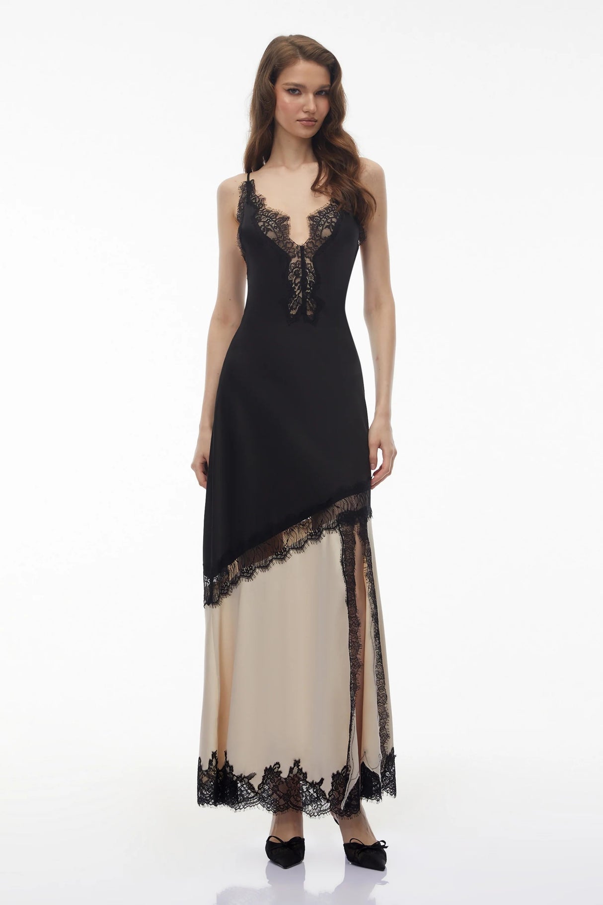 Annabelle Black Vneck Lace Trim Panelled Slit Maxi Dress