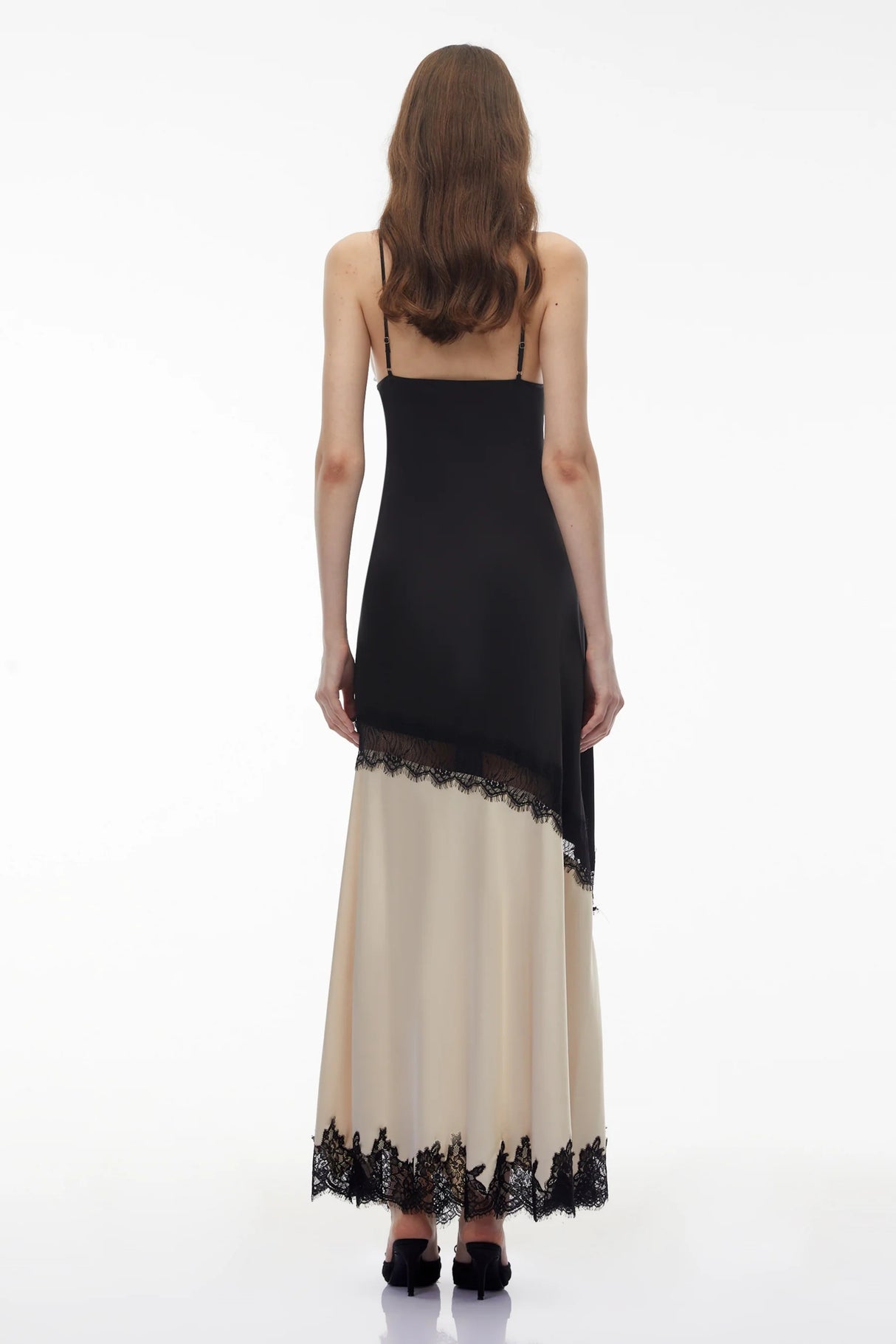 Annabelle Black Vneck Lace Trim Panelled Slit Maxi Dress