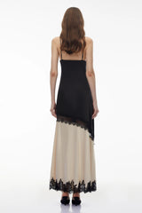 Annabelle Black Vneck Lace Trim Panelled Slit Maxi Dress