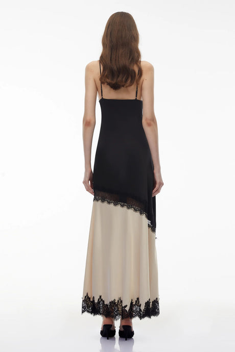 Annabelle Black Vneck Lace Trim Panelled Slit Maxi Dress