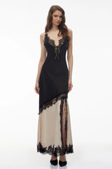 Annabelle Black Vneck Lace Trim Panelled Slit Maxi Dress