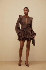 Annabelle Brown Cutout Ruffled Mini Dress
