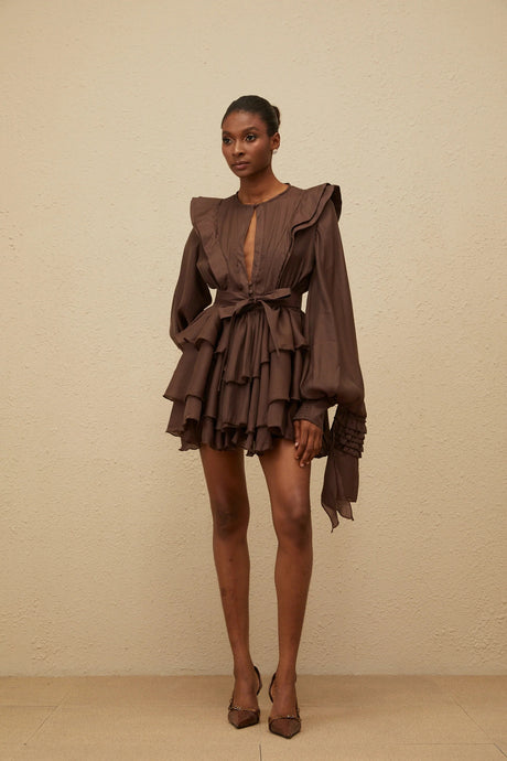 Annabelle Brown Cutout Ruffled Mini Dress