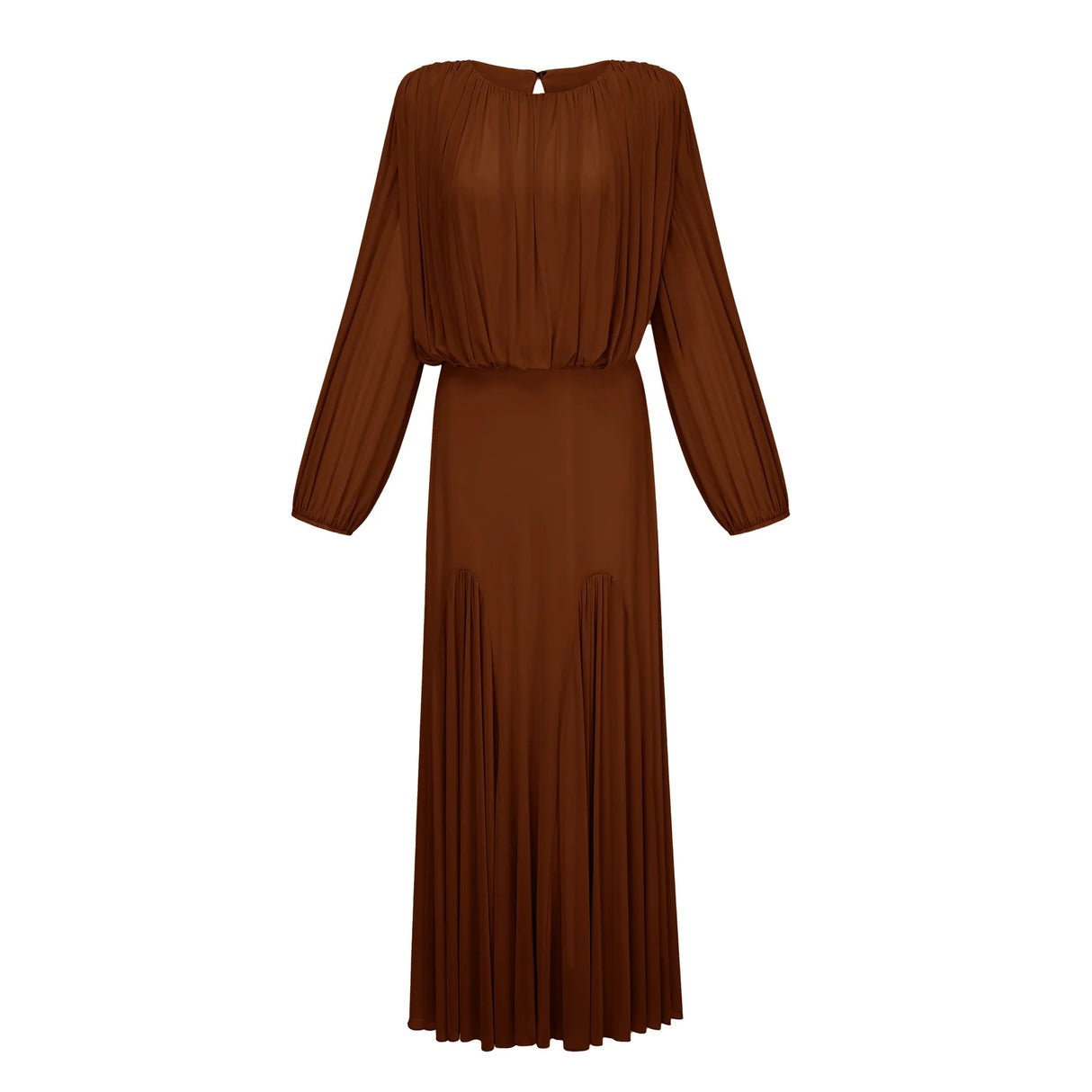 Annabelle Brown Lantern Sleeve Pleated Maxi Dress