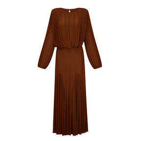 Annabelle Brown Lantern Sleeve Pleated Maxi Dress