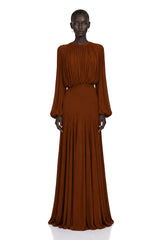 Annabelle Brown Lantern Sleeve Pleated Maxi Dress