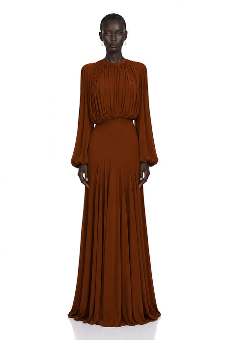 Annabelle Brown Lantern Sleeve Pleated Maxi Dress