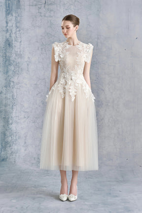 Annabelle Flowerappliqué Tulle Midi Dress Without Belt