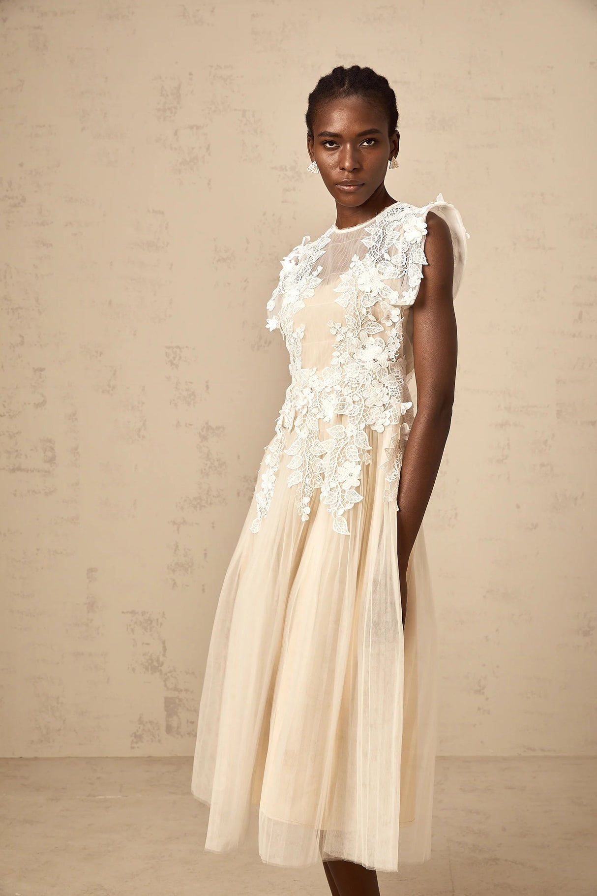 Annabelle Flowerappliqué Tulle Midi Dress