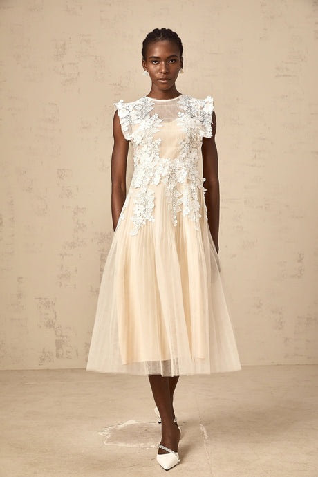Annabelle Flowerappliqué Tulle Midi Dress