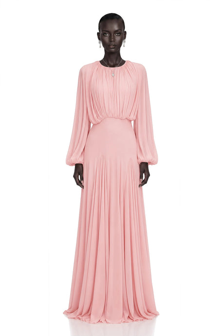 Annabelle Pink Lantern Sleeve Pleated Maxi Dress