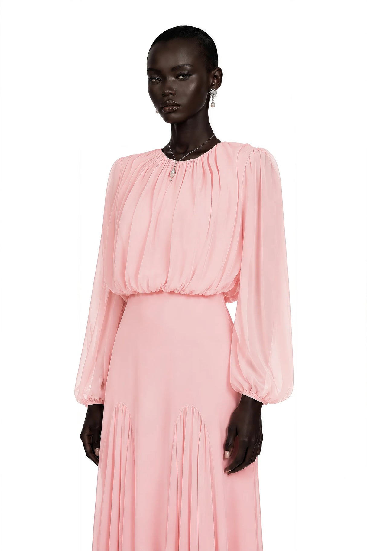 Annabelle Pink Lantern Sleeve Pleated Maxi Dress
