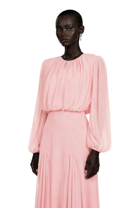 Annabelle Pink Lantern Sleeve Pleated Maxi Dress